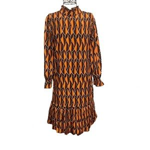 Women Geometric Patterns Size M Orange Brown White and Black Long Sleeve  Dress